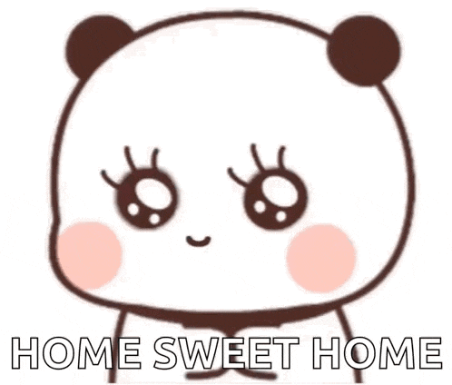 a cartoon panda bear with big eyes and the words `` home sweet home '' .
