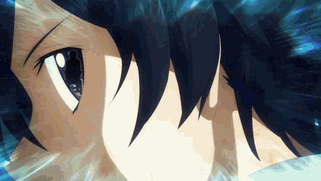 a close up of a person 's eye with a blue background behind it