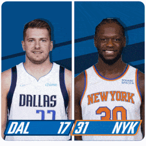 two basketball players from dallas and new york are standing next to each other