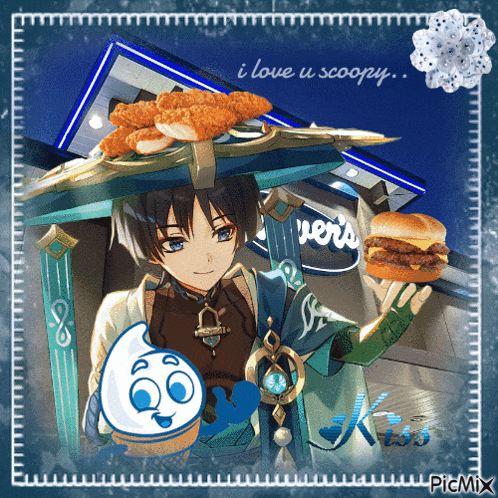 a picture of a boy holding a hamburger and chicken nuggets with the words " i love u scoopy "