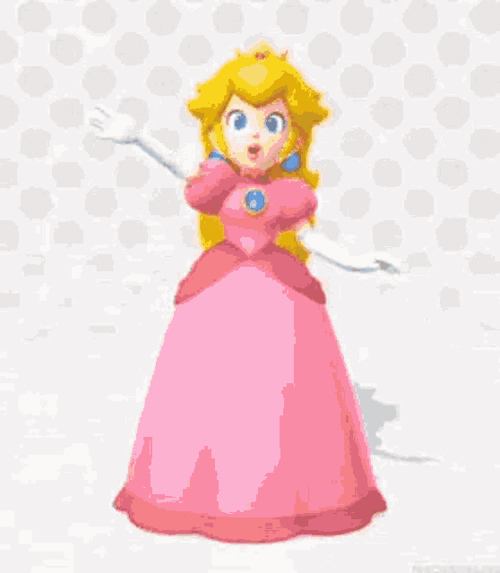 princess peach from super mario bros is wearing a pink dress and waving .