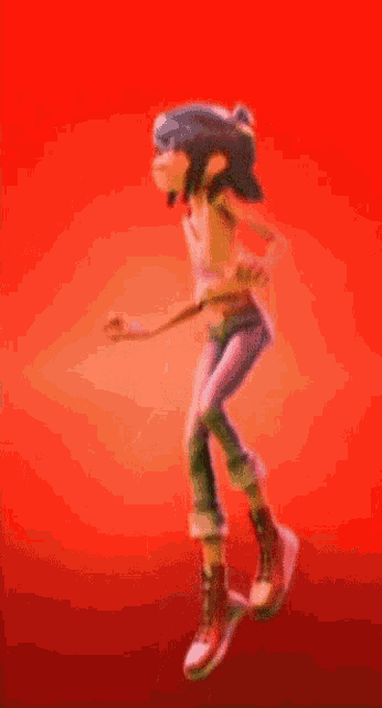 a cartoon girl with blue hair is dancing on a red background .