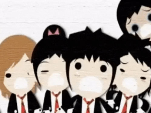 a group of cartoon characters are standing next to each other with their mouths open