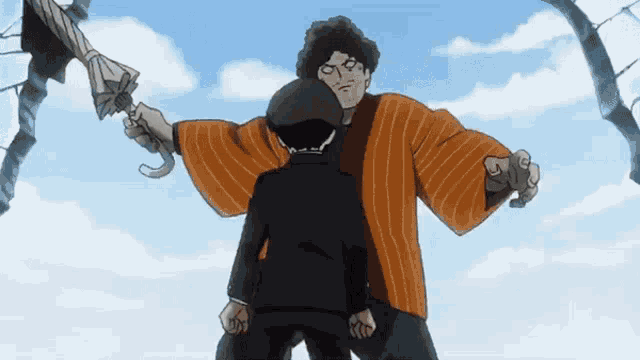 a man in a kimono is holding an umbrella over another man