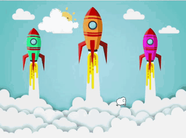 three colorful rockets are flying through the sky with a sheep in the foreground