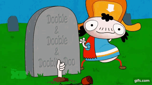 a cartoon character standing next to a gravestone that says dooble & dooble