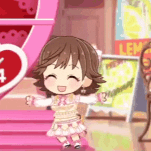 a little girl is standing in front of a pink ferris wheel and smiling .
