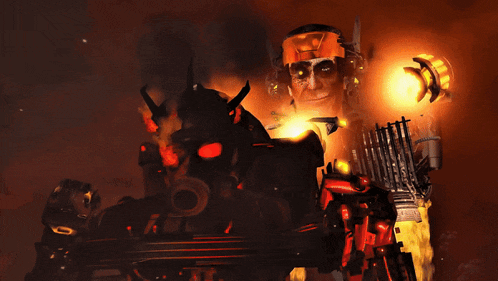 a robot is flying through the air with a beam of fire coming out of its mouth