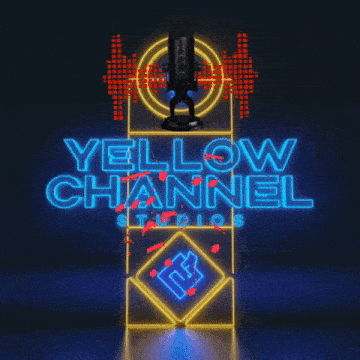 a neon sign for yellow channel studios with a microphone on top of it