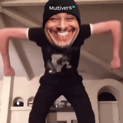 a man wearing a black beanie with the word multivers on it