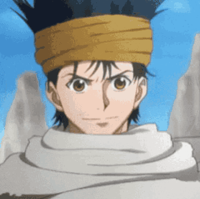 a close up of a cartoon character with a scarf around his neck and a yellow headband