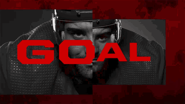a black and white photo of a hockey player and the word goal