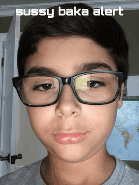a young boy wearing glasses is standing in front of a door .