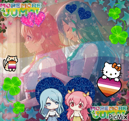a picture of two anime girls with the words moremore cum written on it