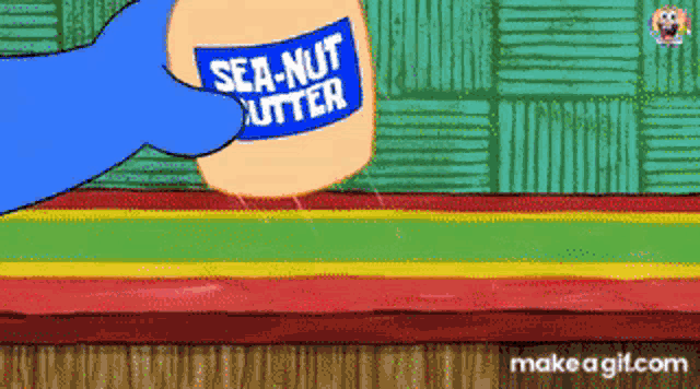 a cartoon character is holding a jar of sea nut butter