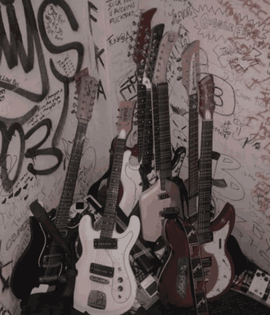 several guitars are lined up in front of a wall that has graffiti on it including one that says suck a fucking rocker