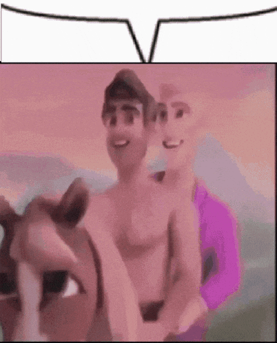 two naked men are riding on the back of a horse in a cartoon .
