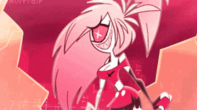 a cartoon character with pink hair and red eyes is sitting on a red background .