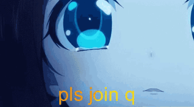 a close up of a girl 's face with blue eyes and the words `` pls join q '' written below it .