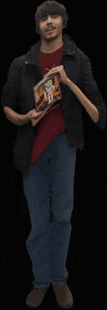a man wearing a red shirt and a black jacket is holding a bag of cereal with a cartoon character on it