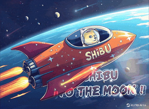 a picture of a dog in a rocket with the words " shibu " on it