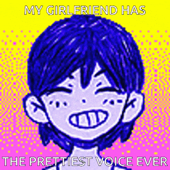 a pixel art drawing of a girl with blue hair and the words `` my girlfriend has the prettiest voice ever '' .
