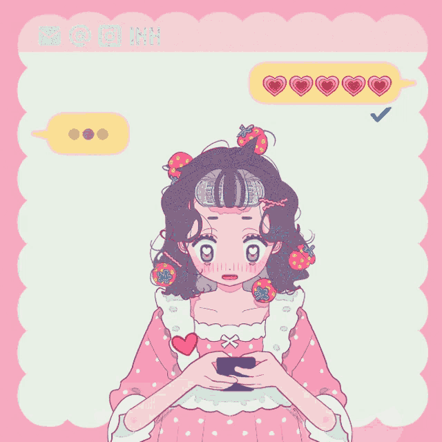 a drawing of a girl with hearts in her hair and a speech bubble that says ihh