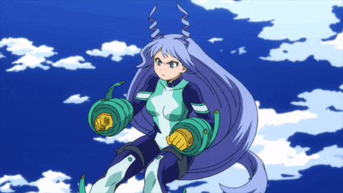 a cartoon of a girl with blue hair and horns