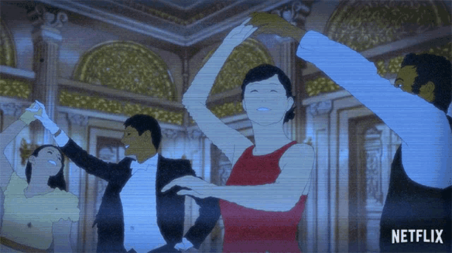a group of people are dancing in a room with a netflix logo on the bottom