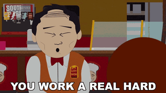 a cartoon of a man wearing a vest that says city wok