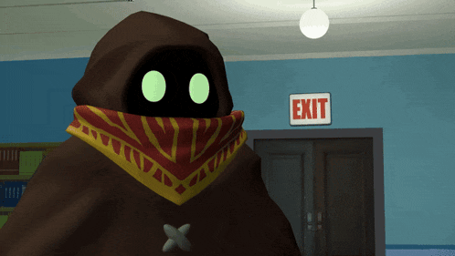 a cartoon character is standing in front of a sign that says exit