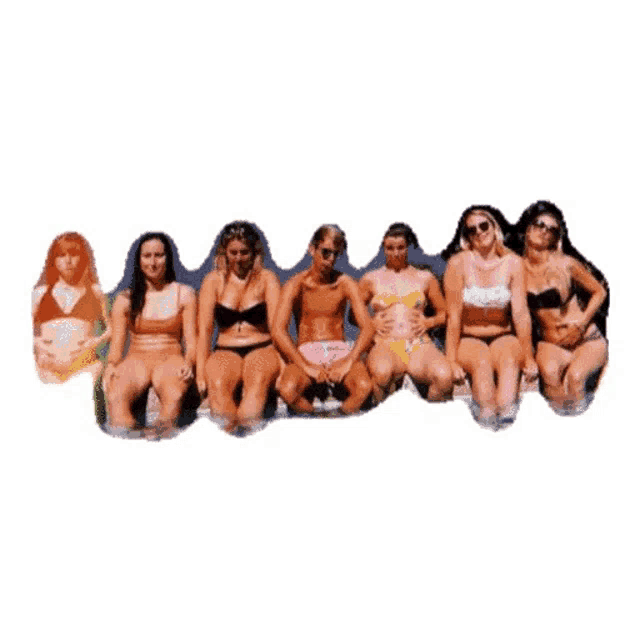 a group of women in bikinis are sitting in a line