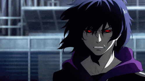 a black haired anime character with red eyes and a purple jacket