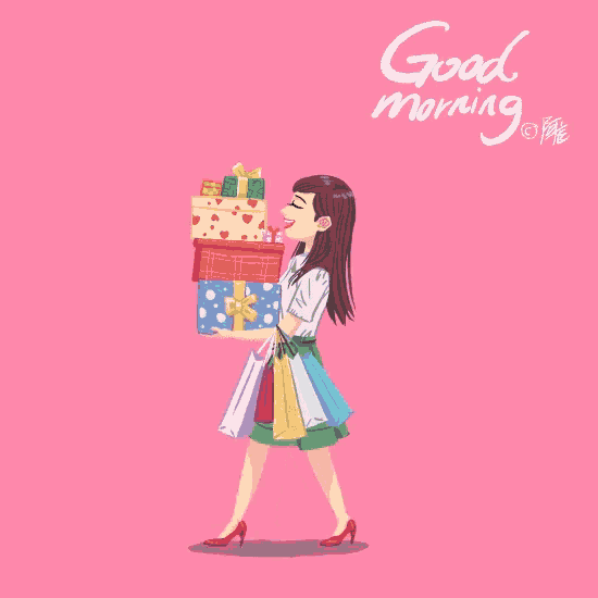 a girl is carrying a stack of gifts and shopping bags and the words good morning are written on the bottom