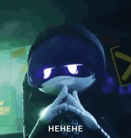 a cartoon character wearing a mask and headphones is laughing with his hands folded .
