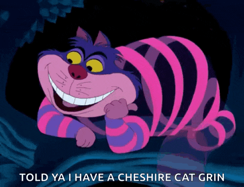 cheshire cat from alice in wonderland is smiling and laying on a tree branch