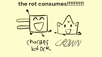 a drawing of a charger block and a crown with the words the rot consumes below them