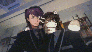a man and a wolf are posing for a picture in a room