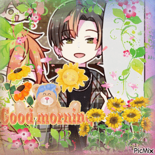 a picture of a boy holding a sunflower with the words good morning written on it