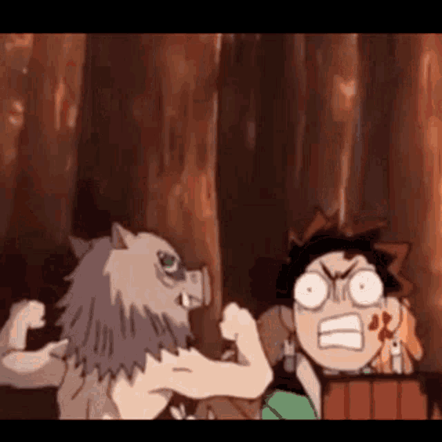 a cartoon of a boy and a pig fighting each other .