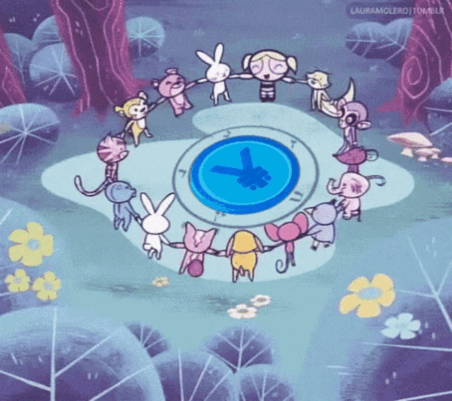 a group of cartoon characters are holding hands in a circle around a blue circle with a x on it