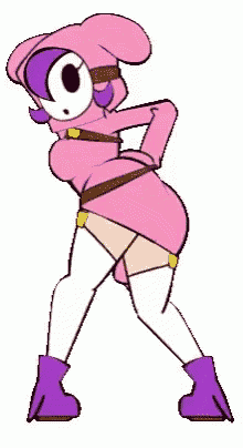 a cartoon character wearing a pink dress and purple boots is dancing .