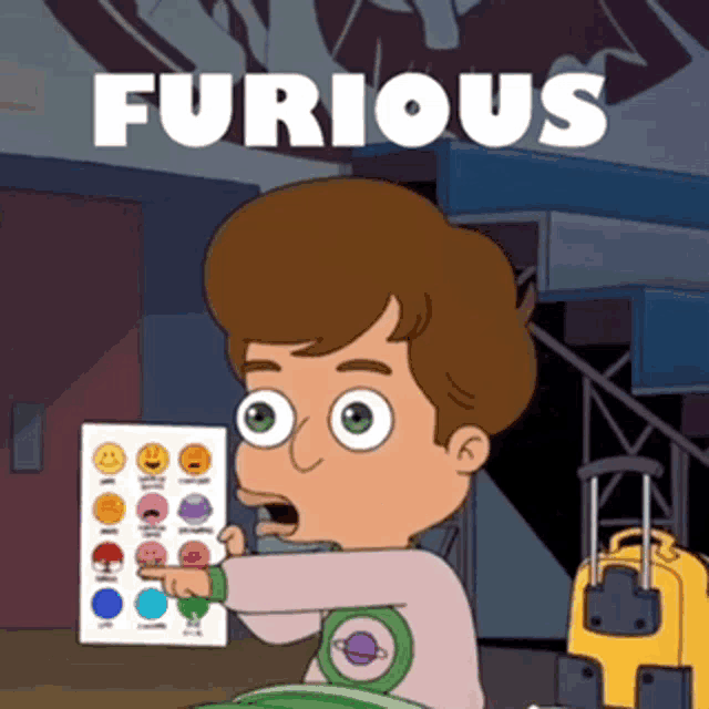 a cartoon of a boy holding a piece of paper with smiley faces on it under the word furious