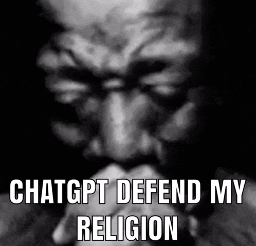 a black and white photo of a man praying with the words chatgpt defend my religion
