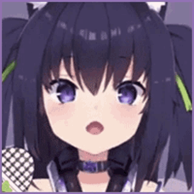 a close up of a purple haired anime girl with purple eyes and a choker .