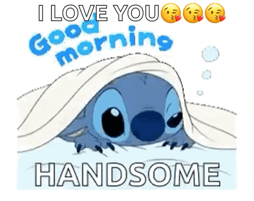 a picture of stitch laying under a blanket with the words i love you good morning handsome