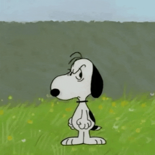 a cartoon character named snoopy is standing in a field of grass
