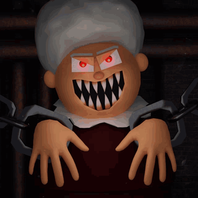 a cartoon character is chained to a wall with red eyes