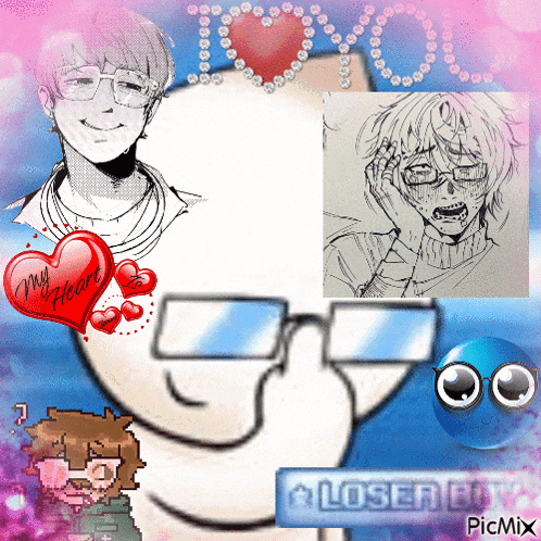 a picture of a boy with glasses and a heart that says my heart on it