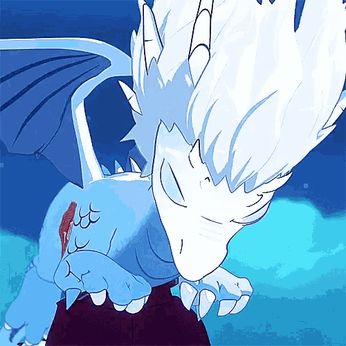 a cartoon drawing of a blue and white dragon with wings